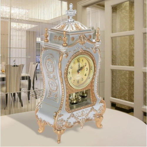 Antique Style Desk Clock with 12 Music Hourly Chiming Clock Height 28.5cm White Silver- No DC Antique Style Desk Clock with 12 Music Hourly Chiming Clock Height 28.5cm White Silver- No DC